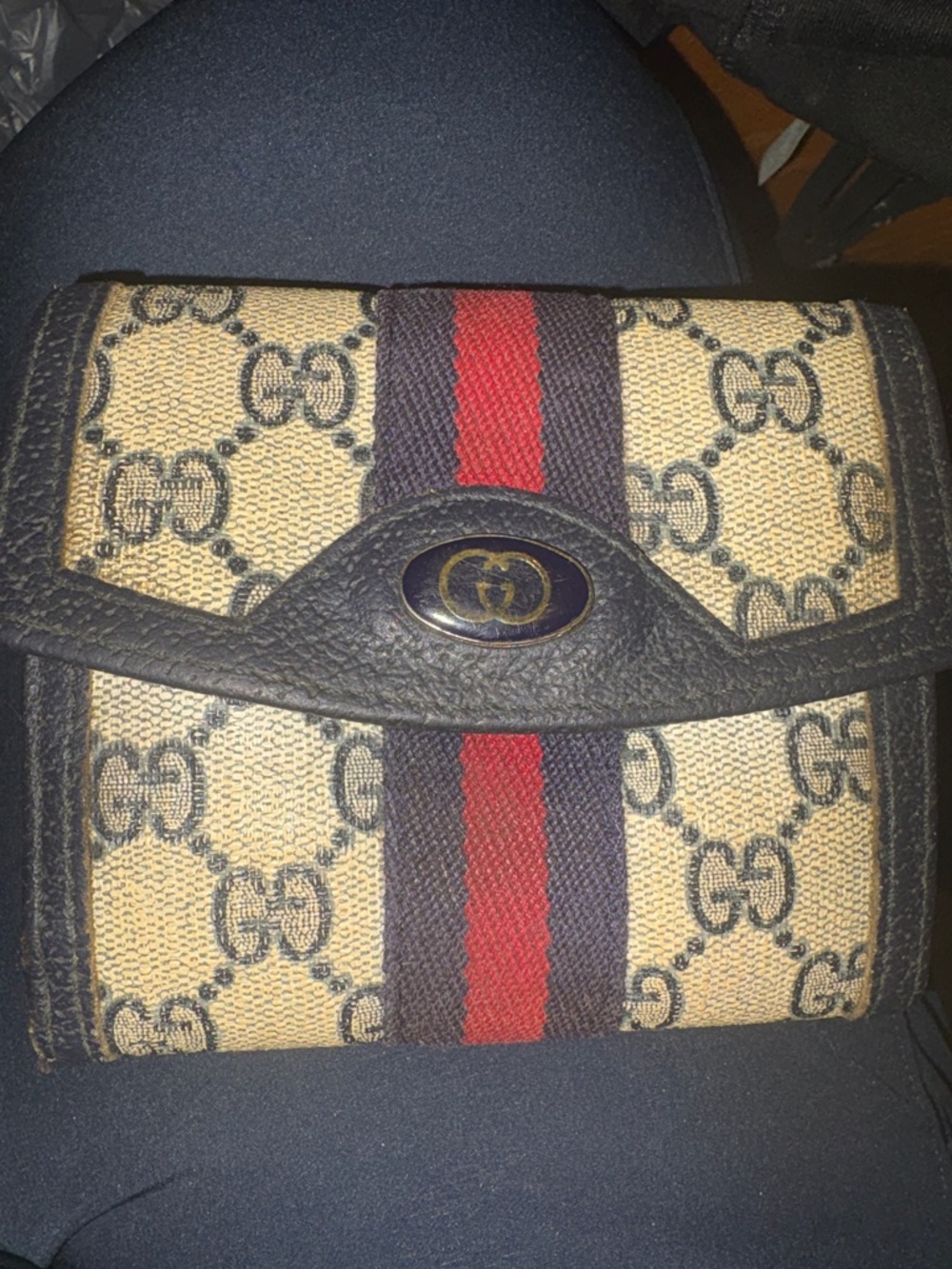 Gucci CLASSIC VINTAGE Wallet Red Navy WEB STRIPE Canvas Leather - Picture 2 of 9